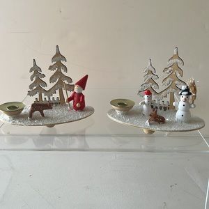 Pair of German Wood Christmas Scene Miniature Candlestick Snowman, Santa, Deer